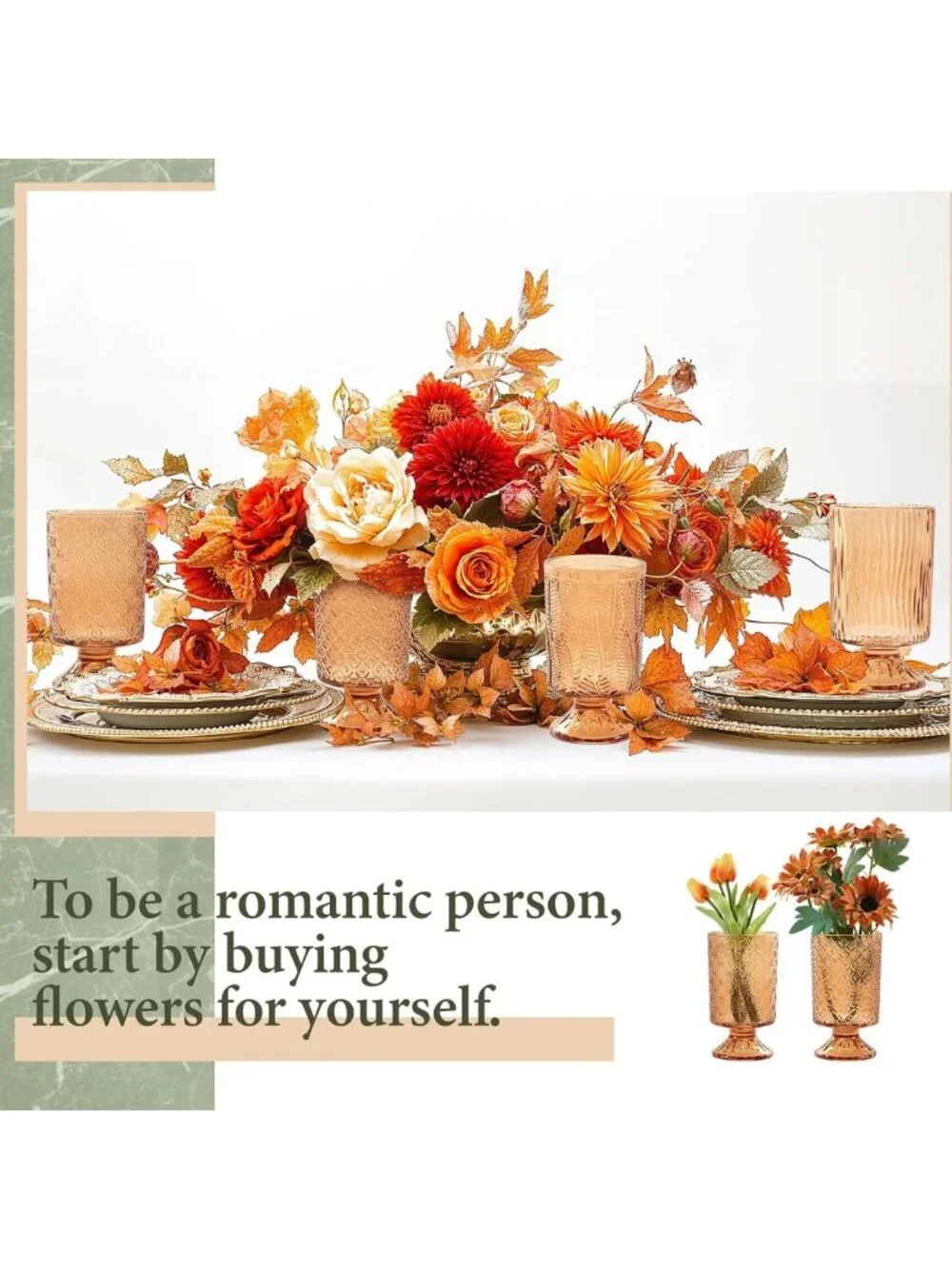 Set of 6 Embossed Flower Vases - 7” Tall Amber Glass Pedestal Decor
